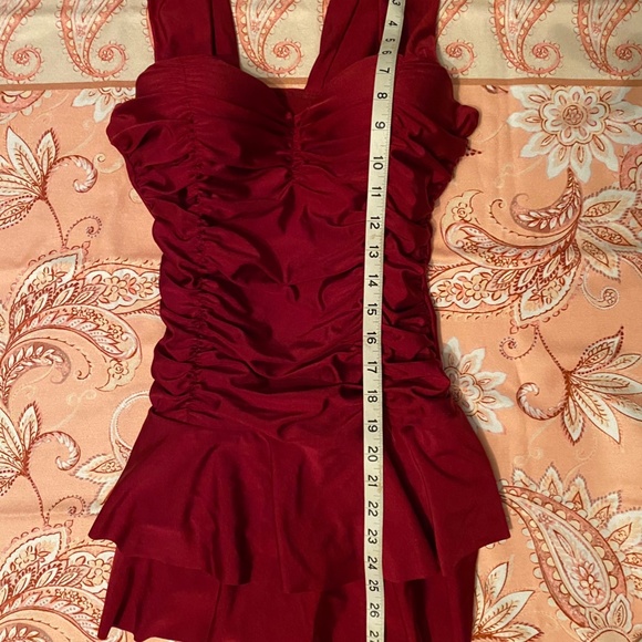 Exquisite Swim Dress in a Dark Raspberry Red Ruched Wide Straps Tiered Skirt - Picture 14 of 16
